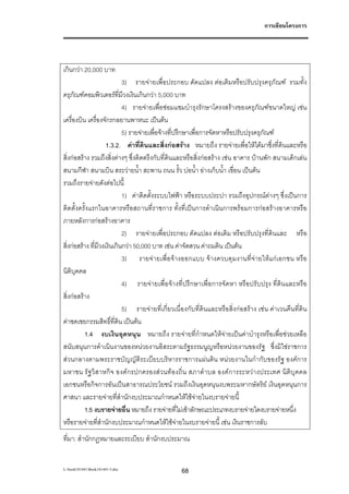 การเขียนโครงการ




เกินกวา 20,000 บาท
                             3) รายจายเพื่อประกอบ ดัดแปลง ตอเติมหรือปรับปรุงครุภัณฑ รวมทั้ง
ครุภัณฑคอมพิวเตอรที่มีวงเงินเกินกวา 5,000 บาท
                             4) รายจายเพื่อซอมแซมบํารุงรักษาโครงสรางของครุภัณฑขนาดใหญ เชน
เครื่องบิน เครื่องจักรกลยานพาหนะ เปนตน
                             5) รายจายเพื่อจางที่ปรึกษาเพื่อการจัดหาหรือปรับปรุงครุภัณฑ
                     1.3.2. คาที่ดินและสิ่งกอสราง หมายถึง รายจายเพื่อใหไดมาซึ่งที่ดินและหรือ
สิ่งกอสราง รวมถึงสิ่งตางๆ ซึ่งติดตรึงกับที่ดินและหรือสิ่งกอสราง เชน อาคาร บานพัก สนามเด็กเลน
สนามกีฬา สนามบิน สระวายน้ํา สะพาน ถนน รั้ว บอน้ํา อางเก็บน้ํา เขื่อน เปนตน
รวมถึงรายจายดังตอไปนี้
                             1) คาติดตั้งระบบไฟฟา หรือระบบประปา รวมถึงอุปกรณตางๆ ซึ่งเปนการ
ติดตั้งครั้งแรกในอาคารหรือสถานที่ราชการ ทั้งที่เปนการดําเนินการพรอมการกอสรางอาคารหรือ
ภายหลังการกอสรางอาคาร
                             2) รายจายเพื่อประกอบ ดัดแปลง ตอเติม หรือปรับปรุงที่ดินและ หรือ
สิ่งกอสราง ที่มีวงเงินเกินกวา 50,000 บาท เชน คาจัดสวน คาถมดิน เปนตน
                             3) รายจายเพื่อจางออกแบบ จางควบคุมงานที่จายใหแกเอกชน หรือ
นิติบุคคล
                             4) รายจายเพื่อจางที่ปรึกษาเพื่อการจัดหา หรือปรับปรุง ที่ดินและหรือ
สิ่งกอสราง
                             5) รายจายที่เกี่ยวเนื่องกับที่ดินและหรือสิ่งกอสราง เชน คาเวนคืนที่ดิน
คาชดเชยกรรมสิทธิ์ที่ดน เปนตน
                           ิ
          1.4 งบเงินอุดหนุน หมายถึง รายจายที่กําหนดใหจายเปนคาบํารุงหรือเพื่อชวยเหลือ
สนับสนุนการดําเนินงานของหนวยงานอิสระตามรัฐธรรมนูญหรือหนวยงานของรัฐ ซึ่งมิใชราชการ
สวนกลางตามพระราชบัญญัติระเบียบบริหารราชการแผนดิน หนวยงานในกํากับของรัฐ องคการ
มหาชน รัฐวิสาหกิจ องคกรปกครองสวนทองถิ่น สภาตําบล องคการระหวางประเทศ นิติบุค คล
เอกชนหรือกิจการอันเปนสาธารณประโยชน รวมถึงเงินอุดหนุนงบพระมหากษัตริย เงินอุดหนุนการ
ศาสนา และรายจายที่สํานักงบประมาณกําหนดใหใชจายในงบรายจายนี้
          1.5 งบรายจายอื่น หมายถึง รายจายที่ไมเขาลักษณะประเภทงบรายจายใดงบรายจายหนึ่ง
หรือรายจายที่สํานักงบประมาณกําหนดใหใชจายในงบรายจายนี้ เชน เงินราชการลับ
ที่มา: สํานักกฎหมายและระเบียบ สํานักงบประมาณ


L:book181441Book181441-3.doc                    68
 