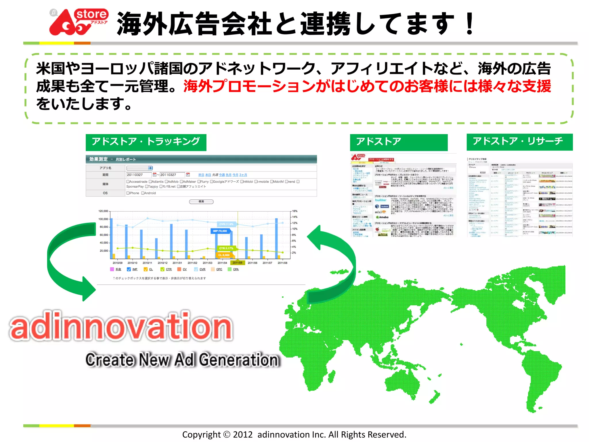海外広告会社と連携してます！
    グラフィカルでサクサク軽く、直観的に操作できます。
米国やヨーロッパ諸国のアドネットワーク、アフィリエイトなど、海外の広告
成果も全て一元管理。海外プロモーションがはじめてのお客様には様々な支援
をいたします。

   アドストア・トラッキング                                        アドストア           アドストア・リサーチ




             Copyright  2012 adinnovation Inc. All Rights Reserved.
 