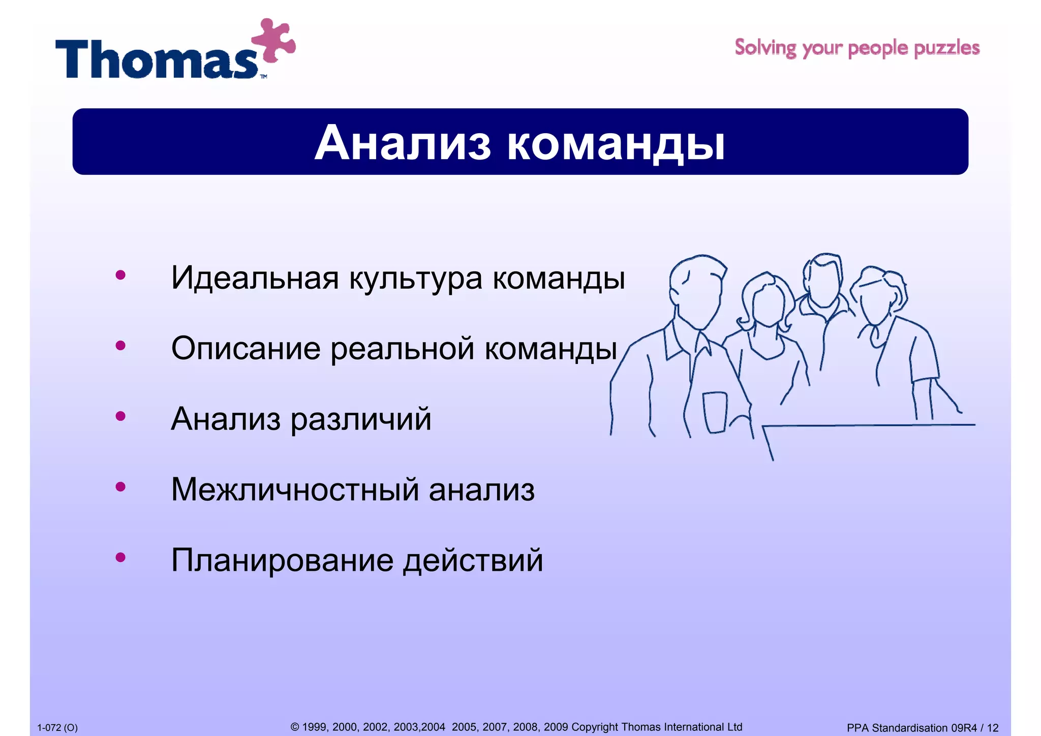 Анализ команды
                                      д

            •   Идеальная культура команды

            •   Описание реальной команды

            •   Анализ различий
                А             й

            •   Межличностный анализ

            •   Планирование д
                     р       действий



1-072 (O)             © 1999, 2000, 2002, 2003,2004 2005, 2007, 2008, 2009 Copyright Thomas International Ltd   PPA Standardisation 09R4 / 12
 