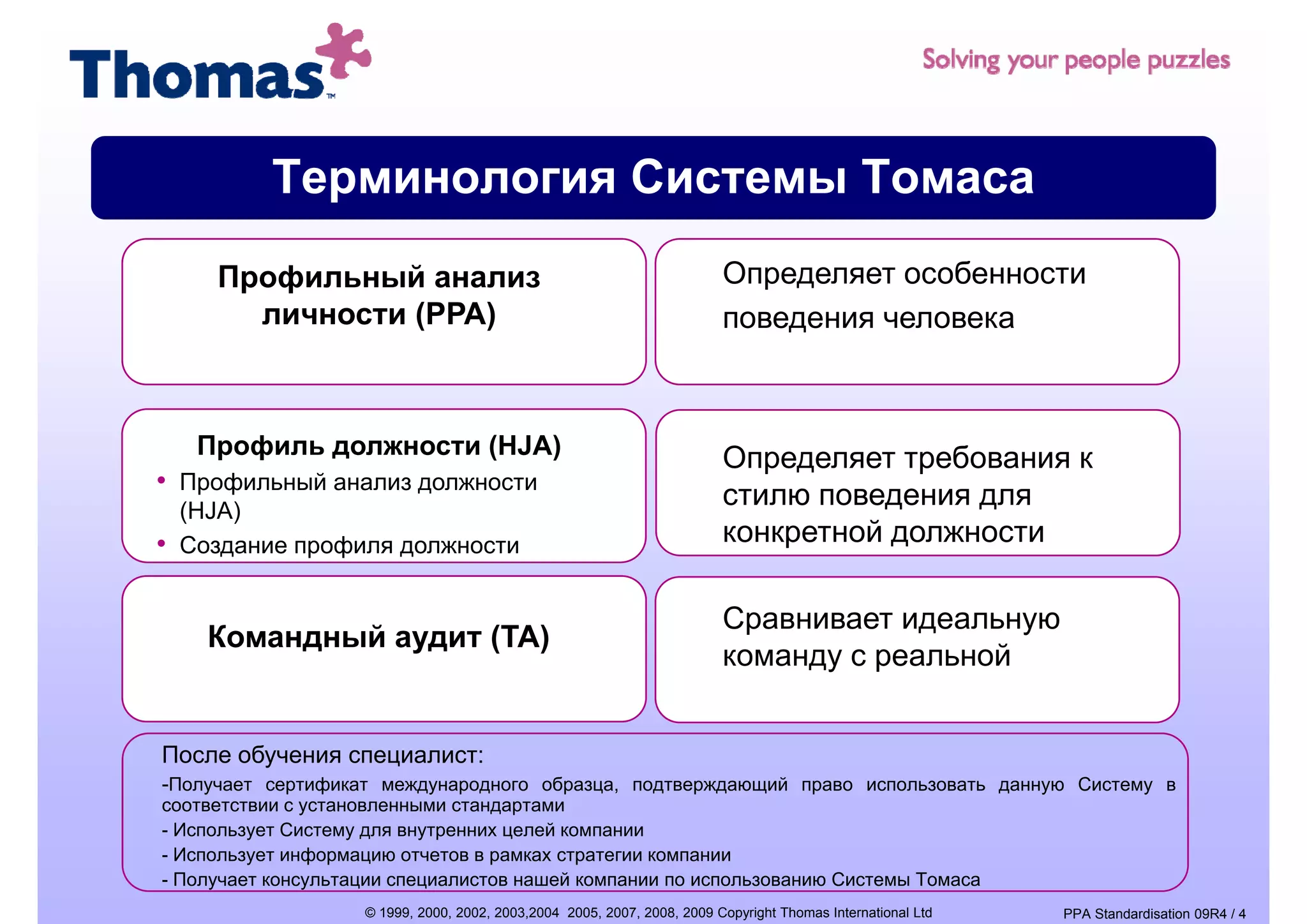 Терминология Системы Томаса
      Профильный анализ                                                  Определяет особенности
        личности (РРА)                                                   поведения человека



     Профиль должности (HJA)                                             Определяет требования к
• Профильный анализ должности
    (HJA)
                                                                         стилю поведения для
•   Создание профиля должности                                           конкретной должности

                                                                         Сравнивает идеальную
      Командный аудит (ТА)
                                                                         команду с реальной


После обучения специалист:
-Получает сертификат международного образца, подтверждающий право использовать данную Систему в
соответствии с установленными стандартами
- Использует Систему для внутренних целей компании
- Использует информацию отчетов в рамках стратегии компании
- Получает консультации специалистов нашей компании по использованию Системы Томаса
                   © 1999, 2000, 2002, 2003,2004 2005, 2007, 2008, 2009 Copyright Thomas International Ltd   PPA Standardisation 09R4 / 4
 