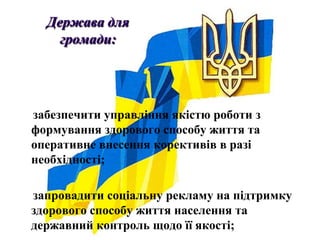 Держава для
    громади:




забезпечити управління якістю роботи з
формування здорового способу життя та
оперативне внесення корективів в разі
необхідності;

запровадити соціальну рекламу на підтримку
здорового способу життя населення та
державний контроль щодо її якості;
 