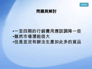 PART5


     問題與解討



•一至四期的行銷費用應該調降一些
•雖然市場潛能很大
•但是並沒有辦法生產如此多的貨品
 