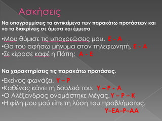 Να υπογραμμίσεις τα αντικείμενα των παρακάτω προτάσεων και
να τα διακρίνεις σε άμεσα και έμμεσα

•Μου θύμισε τις υποχρεώσεις μου. Ε - Α
•Θα του αφήσω μήνυμα στον τηλεφωνητή. Ε - Α
•΢ε κέρασε καφέ η Πόπη; Α - Ε

Να χαρακτηρίσεις τις παρακάτω προτάσεις.
•Εκείνος φωνάζει. Τ – Ρ
•Καθένας κάνει τη δουλειά του. Τ – Ρ - Α
•Ο Αλέξανδρος ονομάστηκε Μέγας. Τ – Ρ – Κ
•Η φίλη μου μού είπε τη λύση του προβλήματος.
                                  Τ–ΕΑ–Ρ–ΑΑ
 