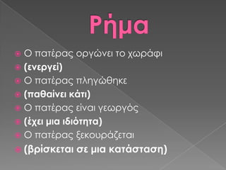  Ο πατέρας οργώνει το χωράφι
 (ενεργεί)
 Ο πατέρας πληγώθηκε
 (παθαίνει κάτι)
 Ο πατέρας είναι γεωργός
 (έχει μια ιδιότητα)
 Ο πατέρας ξεκουράζεται
 (βρίσκεται   σε μια κατάσταση)
 
