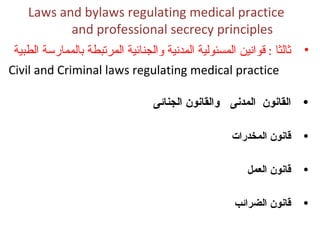 Laws and bylaws regulating medical practice  and professional secrecy principles ,[object Object],[object Object],[object Object],[object Object],[object Object],[object Object]