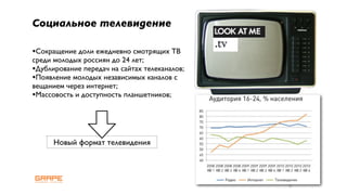 Социальное телевидение

•Сокращение доли ежедневно смотрящих ТВ
среди молодых россиян до 24 лет;
•Дублирование передач на сайтах телеканалов;
•Появление молодых независимых каналов с
вещанием через интернет;
•Массовость и доступность планшетников;



      Новый формат телевидения




                                               6
 