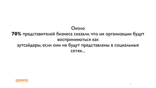 Около
70% представителей бизнеса сказали, что их организации будут
                     восприниматься как
  аутсайдеры, если они не будут представлены в социальных
                           сетях...




                                                     6
 