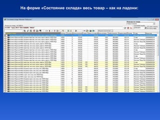 На форме «Состояние склада» весь товар – как на ладони:
 