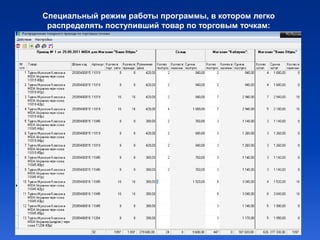 Специальный режим работы программы, в котором легко
 распределять поступивший товар по торговым точкам:
 