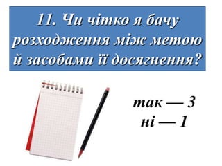 11. Чи чітко я бачу
розходження між метою
й засобами її досягнення?

               так — 3
                ні — 1
 