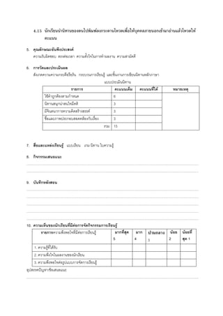 4.15 นักเรียนนํานิทานของตนไปพิมพลงกระดานโหวตเพื่อใหบุคคลภายนอกเขามาอานแลวโหวตให
         คะแนน
5. คุณลักษณะอันพึงประสงค
   ความรับผิดชอบ ตรงตอเวลา ความตั้งใจในการทําผลงาน ความสามัคคี

6. การวัดและประเมินผล
   สังเกตความความกระตือรือรน กระบวนการเรียนรู และชิ้นงานการเขียนนิทานหลักภาษา
                                             แบบประเมินนิทาน
                            รายการ                  คะแนนเต็ม คะแนนที่ได         หมายเหตุ
          ใชคําถูกตองตามกําหนด                   6
          นิทานสนุกนาสนใจมีคติ                    3
          มีจินตนาการความคิดสรางสรรค             3
          ชื่อและภาพประกอบสอดคลองกับเรื่อง        3
                                            รวม 15


7. สื่อและแหลงเรียนรู แบบเรียน เกม นิทาน ใบความรู

8. กิจกรรมเสนอแนะ
……………………………………………………………………………………………………………………………………
……………………………………………………………………………………………………………………………………

9. บันทึกหลังสอน
……………………………………………………………………………………………………………………………………
……………………………………………………………………………………………………………………………………
……………………………………………………………………………………………………………………………………
……………………………………………………………………………………………………………………………………
……………………………………………………………………………………………………………………………………
10. ความเห็นของนักเรียนที่มีตอการจัดกิจกรรมการเรียนรู
         รายการความพึงพอใจที่มีตอการเรียนรู       มากที่สุด มาก ปานกลาง นอย นอยที่
                                                   5          4   3       2    สุด 1
     1. ความรูที่ไดรับ
     2. ความพึงใจในผลงานของนักเรียน
     3. ความพึงพอใจตอรูปแบบการจัดการเรียนรู
อุปสรรคปญหา/ขอเสนอแนะ
……………………………………………………………………………………………………………………………………
 