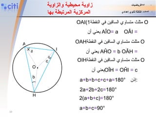 OAI(1 مثلث متساوي الساقين في النقطة  O   يعني أن AÎO  =  a  OÂI  = OAH مثلث متساوي الساقين في النقطة  O   يعني أن  AĤO  =  b   OÂH  = OIH مثلث متساوي الساقين في النقطة  O   يعني أن  OÎH  =  OĤI  =  c إذن  : a + b + b + c + c + a = 180° 2a + 2b + 2c = 180°  2(a + b + c) = 180° a + b + c = 90° زاوية محيطية والزاوية  المركزية المرتبطة بها المادة   :   الرياضيات المستوى   :   الثالثة ثانوي إعدادي a O  . A I H b c 