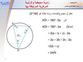 (2 نعلم أن مجموع قياسات زوايا مثلث هو  180°   إذن (3 لدينا : AÔI  =  180° -  2a   =  2(a  +  b  +  c)  -  2a =  2a  +  2b  +  2c  -  2a = 2(b  +  c)  =  2AĤI AÔI  =  180° -  2a زاوية محيطية والزاوية  المركزية المرتبطة بها المادة   :   الرياضيات المستوى   :   الثالثة ثانوي إعدادي a O  . A I H b c 