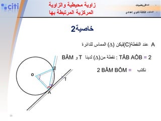 زاوية محيطية والزاوية  المركزية المرتبطة بها خاصية 2 ليكن  (∆)  المماس للدائرة  ( C ) عند النقطة   A نكتب 2 BÂM   BÔM  = BÂM   و   T   نقطة من  (∆)  لدينا  :  TÂB   AÔB  =  2  المادة   :   الرياضيات المستوى   :   الثالثة ثانوي إعدادي O B T A 