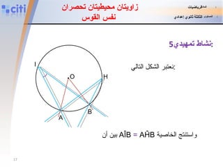 زاويتان محيطيتان تحصران  نفس القوس نشاط تمهيدي 5 : نعتبر الشكل التالي :   بين أن  AÎB  =  AĤB واستنتج الخاصية  المادة   :   الرياضيات المستوى   :   الثالثة ثانوي إعدادي I H B A . O 