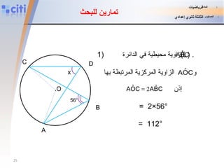 . O A B D 56° x C تمارين للبحث إذن =  2×56° =  112° المادة   :   الرياضيات المستوى   :   الثالثة ثانوي إعدادي 1)   زاوية محيطية في الدائرة  ( L )  .   و  الزاوية المركزية المرتبطة بها  