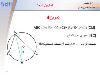 ABC مثلث محاط بدائرة  (C) مركزها  O   وشعاعها  [OM]   عمودي على الضلع   .[BC] تمرين 4  تمارين للبحث . O A B C M أثبت أن نصف المستقيم  [AM)   منصف الزاوية  المادة   :   الرياضيات المستوى   :   الثالثة ثانوي إعدادي 