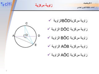 زاوية مركزية الزاوية  BÔD زاوية مركزية الزاوية   DÔC   زاوية مركزية الزاوية   BÔC   زاوية مركزية الزاوية AÔB  زاوية مركزية الزاوية AÔC  زاوية مركزية المادة   :   الرياضيات المستوى   :   الثالثة ثانوي إعدادي o C A D B O 