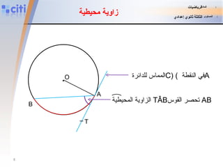 زاوية محيطية المماس للدائرة  C)   (   في النقطة  A A B . O T المادة   :   الرياضيات المستوى   :   الثالثة ثانوي إعدادي الزاوية المحيطية  TÂB تحصر القوس   AB  