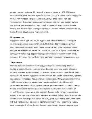 сарын сvvлээс зайртаж 11 сарын 2-р хагаст хадаалж, 150-170 хоног
мєсєєр хучигдана. Мєсний дундаж зузаан 1,2-1,5 м хvрнэ. Урсгал хурдтай
уулын гол учираас намрын зайр харьцангуй олон хоног /14-25/
vргэлжилнэ. 4 сар гарч дулаарангуут голын мєс гэсч цєн тvрэвч уулын
цас хайлж хаврын vер буух тул тєдий л удаан vргэлжлэхгvй цэлмэнэ.
Ононд том жижиг олон гол горхи цутгадаг. Vvнээс нилээд томоохон нь Эг,
Барх, Хурах, Шуус, Агац, Хирхон болно.


Шуурсын гол
Шуурсын голын урт 140 км, ус хураах сав газрын талбай 3150 гаруй
хавтгай дєрвєлжин километр болно. Ононгийн баруун гарын цутгал
голууд дотроос жинхэнэ хээр талын шинжтэй тул усны гуримын хувьд
бусдаасаа ихээхэн ялгаатай юм. Шуурсын голд олон булаг тал бvрээс нь
цутгадгийг vзвэл хур борооноос гадна гvний усны тэжээл чухал суурь
эзэлдэг. Шуурсын гол нь Онон голд цутгадаг томоохон голуудын нэг юм.


Хэрлэн гол
Номхон далайн ай савын гол мєрд дотор уртын хэмжээгээр тэргvvн
байранд ордог. Хэрлэн гол монголын Дорнод хэсэг хэд хэдэн аймгийн
нутгийг дамжин урсаж улмаар тус улсын хилээс гадагш гарч Далай нуурт
цутгадаг. Их хэнтий нурууны євєр бэлээс эх авч урсах Богдын гол, Цагаан
гол хоѐрын уулзварыг Хэрлэн голын эх гэж vзнэ. Иймд улсын хил хvртэл
1090 километр урт, ус хураах сав газрын талбай 116,455 хавтгай
дєрвєлжин километр бєгєєд усны дундаж унал километр тутамд 1,2 метр
болно. Ингэхлээр Номхон далай ай савын гол мєрний бvх талбайн 54
хувийг Хэрлэн голын усны сав эзэлдэг. Голын нийт уртад гульдиралын
єргєн, усны гvн, урсгалын хурд ихээхэн ялгаатай байна. Жнь: Хэрлэнгийн
эхний хэсэгт гульдиралын єргєн 30-50м, дунд, адаг хавьд 150-200м болж
0,8-1,5 метрийн гvн зонхилно. Урсгалын хурд уулсын хэсэгтээ 2 м/сек,
нам тал газраа 1 м/сек болно. Хэрлэн голд Мєрєн, Цэнхэр, Аварга зэрэг
 