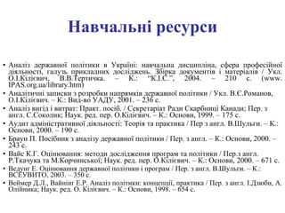 Навчальні ресурси Аналіз державної політики в Україні: навчальна дисципліна, сфера професійної діяльності, галузь прикладних досліджень. Збірка документів і матеріалів   / Укл. О.І.Кілієвич, В.В.Тертичка. – К.: “К.І.С.”, 2004. – 210 с.  ( www .  IPAS.org.ua/library.htm ) Аналітичні записки з розробки напрямків державної політики / Укл. В.Є.Романов, О.І.Кілієвич. – К.: Вид-во УАДУ, 2001. – 236 с. Аналіз вигід і витрат: Практ.   п осіб .  / Секретаріат Ради Скарбниці Канади; Пер. з англ. С.Соколик; Наук.   ред.   пер. О.Кілієвич. –   К.: Основи, 1999.   – 175 с. Аудит адміністративної діяльності: Теорія та практика   / Пер з англ. В.Шульги. – К.: Основи, 2000. – 190 с. Браун П. Посібник з аналізу державної політики   /   Пер.   з англ. – К.: Основи, 2000. – 243 с.   Вайс К.Г. Оцінювання: методи дослідження програм та політики   / Пер.з англ. Р.Ткачука та М.Корчинської; Наук.   ред.   пер. О.Кілієвич. – К.: Основи, 2000. – 671 с.   Ведунґ Е. Оцінювання державної політики і програм   / Пер. з англ. В.Шульги. – К.: ВСЕУВИТО, 2003. – 350 с. Веймер Д.Л., Вайнінґ Е.Р. Аналіз політики: концепції, практика   / Пер. з англ. І.Дзюби, А. Олійника; Наук. ред. О. Кілієвич. – К.: Основи, 1998. – 654 с. 