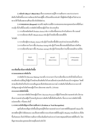 7


        2. กล่องดา (Buyer’s Black Box) เป็นระบบของความรู้สึก ความต้องการ และกระบวนการ
ตัดสินใจที่เกิดขึ้นจากความคิดและจิตใจของผู้ซื้อ เปรียบเสมือนกล่องดา ซึ่งผู้ผลิตหรือผู้ขายไม่สามารถ
ทราบได้ จึงต้องพยายามศึกษาเกี่ยวกับปัจจัยต่างๆ
        3. การตอบสนอง (Respond) หมายถึง พฤติกรรมที่มีการแสดงออกมาของบุคคลหลังจากที่มีสิ่งมา
กระตุ้น ซึ่งในที่นี้หมายถึง การตัดสินใจซื้อของผู้บริโภค ประกอบด้วย
        3.1 การเลือกผลิตภัณฑ์ (Product choice) เช่น การเลือกซื้อพาหนะสาหรับเดินทาง คือ รถยนต์
        3.2 การเลือกตราสินค้า (Brand choice) เช่น ผู้บริโภคเลือกซื้อรถยนต์ยี่ห้อ
โตโยต้า
        3.3 การเลือกผู้ขาย (Dealer choice) เช่น ผู้บริโภคเลือกซื้อที่ตัวแทนจาหน่ายรถยนต์ใกล้บ้าน
        3.4 การเลือกเวลาในการซื้อ (Purchase timing) เช่น ผู้บริโภคจะซื้อรถยนต์เมื่อมีเงินดาวน์พร้อม
        3.5 การเลือกปริมาณการซื้อ (Purchase among) เช่น ผู้บริโภคจะเลือกว่าจะซื้อรถยนต์จานวนกี่คัน




แนวคิดเกี่ยวกับการตัดสินใจซื้อ
ความหมายของการตัดสินใจ
        การตัดสินใจ (Decision Making) หมายถึง กระบวนการในการเลือกที่จะกระทาสิ่งใดสิ่งหนึ่งจาก
ทางเลือกต่างๆที่มีอยู่ ซึ่งผู้บริโภคมักจะต้องตัดสินใจในทางเลือกต่างๆของสินค้าและบริการอยู่เสมอ โดยที่
เขาจะเลือกสินค้าหรือบริการตามข้อมูลและข้อจากัดของสถานการณ์ การตัดสินใจจึงเป็นกระบวนการที่
สาคัญและอยู่ภายในจิตใจของผู้บริโภค (ฉัตรยาพร เสมอใจ. 2550:46)
กระบวนการตัดสินใจซื้อ
        กระบวนการตัดสินใจของผู้บริโภค ( Decision Process) แม้ผู้บริโภคจะมีความแตกต่างกัน มีความ
ต้องการแตกต่างกันแต่ผู้บริโภคจะมีรูปแบบการตัดสินใจซื้อที่คล้ายคลึงกัน ซึ่งกระบวนการตัดสินใจซื้อ
แบ่งออกเป็น 5 ขั้นตอน ดังนี้
1. การตระหนักถึงปัญหาหรือความต้องการ (Problem or Need Recognition)
        จุดเริ่มต้นของปัญหาเกิดขึ้นเมื่อบุคคลรู้สึกถึงความแตกต่างระหว่างสภาพที่เป็นอุดมคติ (Ideal) คือ
สภาพที่เขารู้สึกว่าดีต่อตนเอง และเป็นสภาพที่ปรารถนากับสภาพที่เป็นอยู่จริง (Reality) ของสิ่งต่างๆ ที่เกิด
ขึ้นกับตนเอง จึงก่อให้เกิดความต้องการที่จะเติมเต็มส่วนต่างระหว่างสภาพอุดมคติกับสภาพที่เป็นจริง โดย
ปัญหาของแต่ละบุคคลจะมีสาเหตุที่แตกต่างกันไป
 