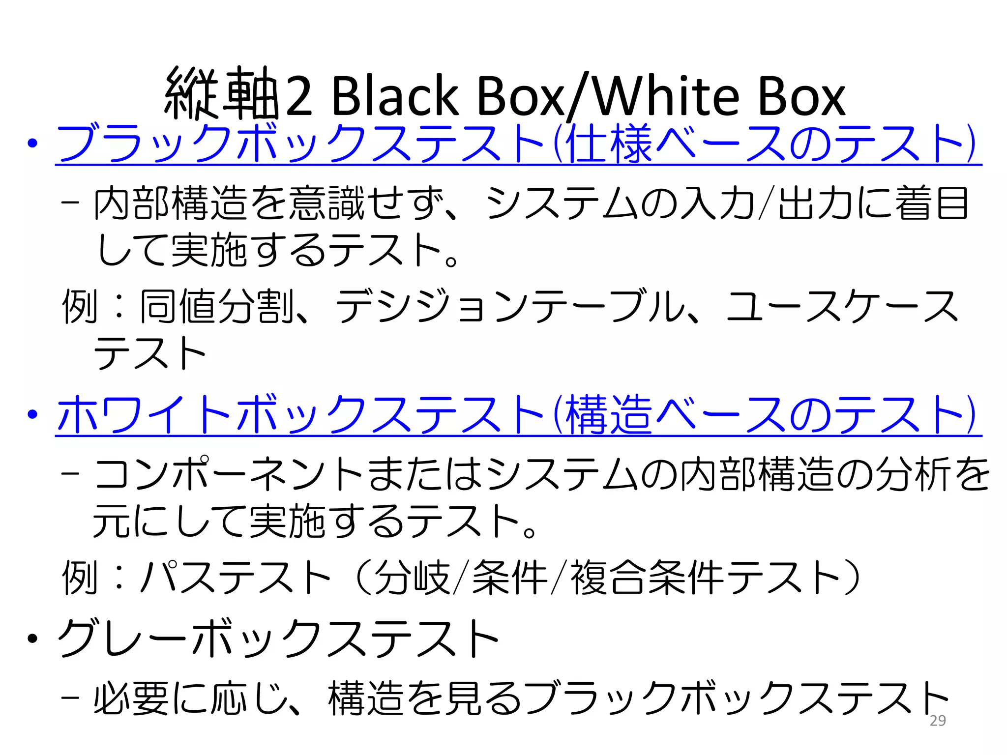 縦軸2 Black Box/White Box
•ブラックボックステスト(仕様ベースのテスト)
 – 内部構造を意識せず、システムの入力/出力に着目
   して実施するテスト。
 例：同値分割、デシジョンテーブル、ユースケース
   テスト
•ホワイトボックステスト(構造ベースのテスト)
 – コンポーネントまたはシステムの内部構造の分析を
   元にして実施するテスト。
 例：パステスト（分岐/条件/複合条件テスト）
•グレーボックステスト
 – 必要に応じ、構造を見るブラックボックステスト
                        29
 