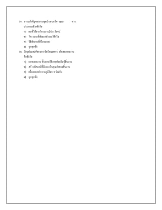39. สาระสาคัญของการพูดนาเสนอโครงงาน            ควร
    ประกอบด้วยข้อใด
    ก) ผลที่ได้จากโครงงานมีประโยชน์
    ข) โครงงานที่พฒนาทางานได้จริ ง
                     ั
    ค) วิธีทางานที่เป็ นระบบ
    ง) ถูกทุกข้อ
40. วัตถุประสงค์ของการจัดนิทรรศการ นาเสนอผลงาน
    คือข้อใด
    ก) แสดงผลงาน ขั้นตอนวิธีการประดิษฐ์ชิ้นงาน
    ข) สร้างทัศนคติที่ดีและเห็นคุณค่าของชินงาน
                                          ้
    ค) เพื่อเผยแพร่ ความภูมิใจระหว่างกัน
    ง) ถูกทุกข้อ
 