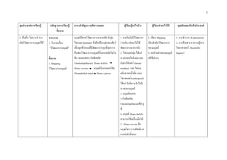 3


จุดประสงคการเรียนรู      หลักฐานการเรียนรู/   สาระสําคัญ/ความคิดรวบยอด                       ผูเรียนรูอะไรบาง        ผูเรียนทําอะไรได     คุณลักษณะอันพึงประสงค
                                ชิ้นงาน
2. สืบคน วิเคราะห การ   ภาระงาน                มนุษยมีสายวิวัฒนาการมาจากสัตวกลุม        1. คนกับลิงมีวิวัฒนากา     1. เขียน Mapping         1. การสํารวจ (Exploration)
เกิดวิวัฒนาการมนุษยได   1. ใบงานเรื่อง         ไพรเมต (primate) ซึ่งถือเปนกลุมของสัตว   รวมกัน แตคนไมได        เรียงลําดับวิวัฒนาการ    2. การสืบเสาะหาความรูทาง
                           “วิวัฒนาการมนุษย”    เลี้ยงลูกดวยนมที่มีพัฒนาการสูงที่สุด การ   พัฒนาการมาจากลิง           ของมนุษย                วิทยาศาสตร (Scientific
                                                 คนพบวิวัฒนาการมนุษยเริ่มจากสมัยไมโอ       2. ไพรเมตกลุม ไดแก      2. ยกตัวอยางของมนุษย   Inquiry)
                          ชิ้นงาน                ซีน พบออสทราโลพิเทคัส                       นางอายหรือลิงลม และ        สปซี่ตางๆ
                          1. Mapping             (Australopithecus) Homo habilis             ลิงทารซิเออร (tarsier
                          วิวัฒนาการมนุษย       Homo erectus         มนุษยนีแอนเดอรทัล    monkey) และไพรเม
                                                 (Neanderthal man) Homo sapiens              ตอีกสายหนึ่งคือ แอน
                                                                                             โทรพอยด (anthropoid)
                                                                                             ไดแก ลิงมีหาง ลิงไมมี
                                                                                             หางและมนุษย
                                                                                             3. มนุษยออสท
                                                                                             ราโลพิเทคัส
                                                                                             (Australopithecus)คือ ลู
                                                                                             ซี่
                                                                                             4. มนุษย Homo habilis
                                                                                             สามารถใชเครื่องมือได
                                                                                             5. Homo erectus คือ
                                                                                             มนุษยชวา รากศัพทมาก
                                                                                             จากลําตัวตั้งตรง
 