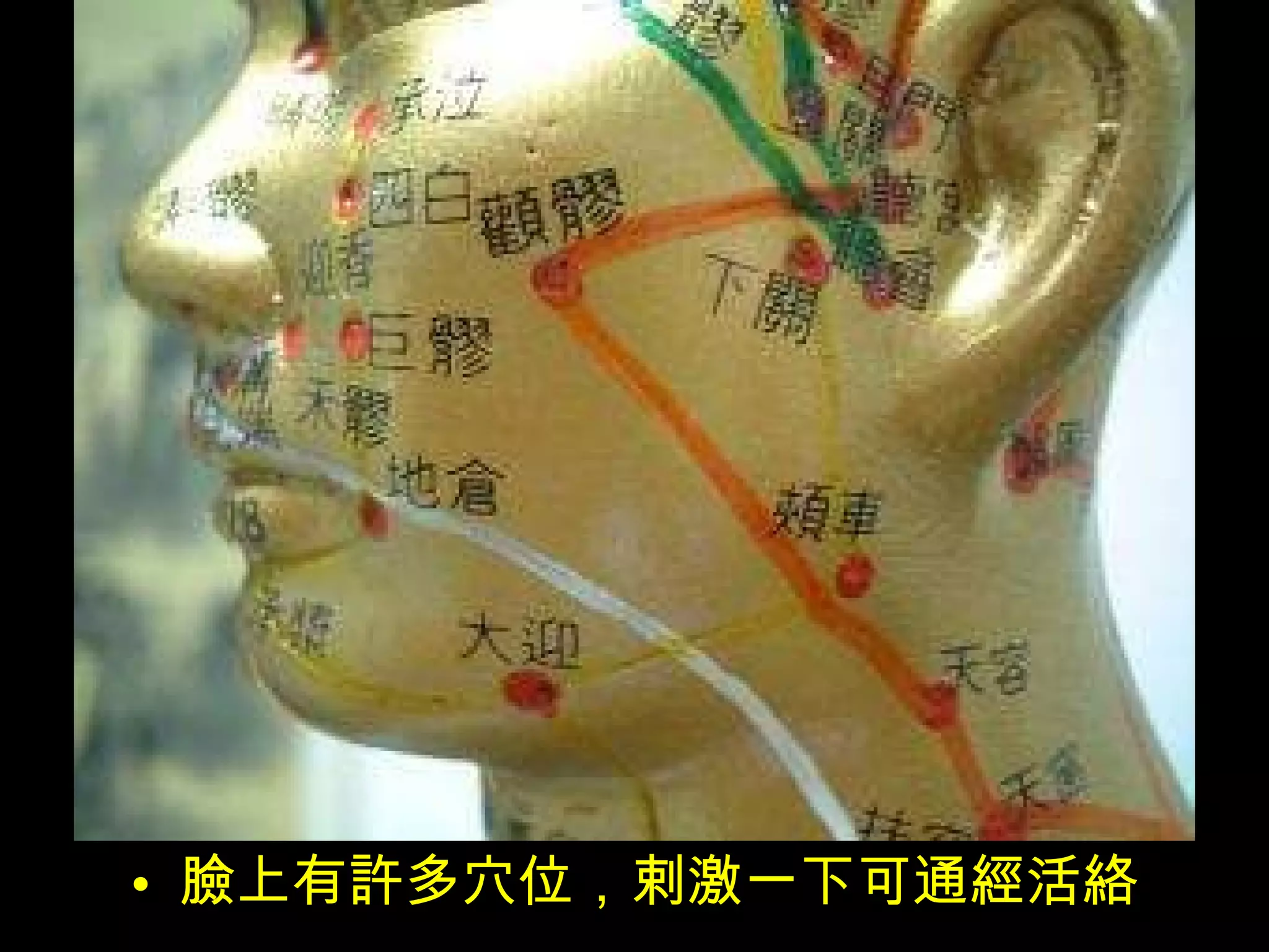 臉 上有 許 多穴位，剌激一下可通 經 活 絡 