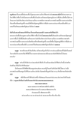 ครูอธิบาย เนื่องจากพืนดินและพืนนาดูดและคายความร้ อนได้ แตกต่ างกัน ตอนกลางคืนพืนดินจะคายความ
                        ้        ้ ้                                                   ้
ร้ อนได้ ดีกว่ าพืนนา ดังนั้นตอนกลางคืนพืนนาจะมีความร้ อนและมีอุณหภูมิมากกว่ าพืนดิน เมื่อพืนนามีความ
                  ้ ้                      ้ ้                                    ้          ้ ้
ร้ อนมากกว่ ามันก็จะเกิดการถ่ายโอนความร้ อน อากาศเกิดการขยายตัว อากาศบริ เวณนีมีความหนาแน่ นน้ อย
                                                                                    ้
ก็จะเคลื่อนที่ลอยตัวสูงขึน และเมื่อพืนดินมีอุณหภูมิที่ตากว่ าซึ่งมีความหนาแน่ นมากก็จะเคลื่อนที่ตาๆ มา
                            ้        ้                 ่                                         ่
แทนที่ จึงเกิดลมบกพัดเข้ าสู่ทะเล จึงเรี ยกว่ า ลมบก

เป็ นไงบ้ างพวกเจ้าพอจะเข้ าใจไหม นั้นพวกเจ้าลองบอกสิว่า ลมทะเล เกิดได้ อย่างไร
ตอนกลางวันพืนดินจะดูดความร้ อนได้ ดีกว่ าพืนนา ดังนั้นตอนกลางวันพืนดินจะมีความร้ อนและมีอุณหภูมิ
                ้                           ้ ้                       ้
มากกว่ าพืนนา เมื่อพืนดินมีความร้ อนมากกว่ ามันก็จะเกิดการถ่ายโอนความร้ อน อากาศเกิดการขยายตัว
            ้ ้      ้
อากาศบริ เวณนีมีความหนาแน่ นน้ อยก็จะเคลื่อนที่ลอยตัวสูงขึน และเมื่อพืนนามีอุณหภูมิที่ตากว่ าซึ่งมีความ
                  ้                                       ้             ้ ้            ่
หนาแน่ นมากก็จะเคลือนที่ตาๆ มาแทนที่ จึงเกิดลมทะเลพัดเข้ าสู่บกจึงเรี ยกว่ า ลมทะเล
                       ่    ่

       ครูพด “พวกเจ้ าคงจะเข้ าใจแล้วสินะ แล้วพวกเจ้ ารู หรื อไม่ว่า ชาวประมงเมื่อก่ อนที่ไม่มีเครื่ องยนต์
             ู
ในการเดินเรื อ พวกเขาก็จะใช้ วิธีนีในการออกหาปลาตอนกลางคืนและจะกลับเข้ าฝั งอีกครั้ งในตอน
                                   ้
กลางวัน”

          ครูพูด “อย่างนั้นข้ าคิดว่ าเราน่ าจะกลับกันได้ แล้ว อ้ าวแล้วจะกลับลงไปได้ อย่างไรเนีย (ช่ วยด้ วย
                                                                                                  ้
ช่ วยด้ วย) ข้ าลืมไปว่ าข้ าคือแม่มด”
          งั้นข้ าขอเสกให้ ไฟที่ติดใต้ บอลลูนค่ อยๆดับลง พวกเจ้ ารู้ ไหมทาไมข้ าถึงทาวิธีนี้ ก็เพราะว่ าเมื่อ
อากาศบริ เวณใต้ บอลลูนไม่ได้ รับความร้ อน มันก็จะไม่ลอยตัวขึนสูงยังไงล่ะ ฮาๆๆ ข้ าเนียสวยแล้วยังเก่ งอีก
                                                                     ้                       ้
อิอิอิ
          ครูพูด “ เพื่อให้ พวกเจ้ าได้ จามันง่ ายขึน ข้ ามีเพลงมาร้ องและท่ าประกอบ มันน่ าสนใจใช่ ไหมล่ะ
                                                    ้
อิอิอ” ( ครูและนักเรียนร่ วมกันร้ องและทาท่ าประกอบเพลงลมบกลมทะเล )
                                                เพลง ลมบก ลมทะเล
                                    ลมบก ลมทะเล อากาศถ่ายเท ผลัดกัน ผลัดกัน
                                 ลมทะเล พัดตอนกลางวัน ลมทะเล พัดตอนกลางวัน
                                         ส่วนลมบกนั้น พัดตอนกลางคืน
                        แต่ แล แต้ แล ตะ แล แล่ ตะแล่ แล่ ตะแล แล ครื น ครื น ครื น ครื น
 