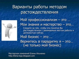 Варианты работы методом растождествления Мой профессионализм – это … Мои знания и мастерство – это… Следите за тем, чтобы эти понятия Вы растождествляли с занимаемым местом работы и должностью сейчас.  Мой бизнес – это … Вернитесь в парадигму я – это…(не только мой бизнес) Мастерская изменений Елены Ильченко http:/Elena-kigo.blogspot.com 