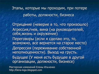 Этапы, которые мы проходим, при потере работы, должности, бизнеса   Отрицание (неверие в то, что произошло) Агрессия,гнев, вина (на руководителей, себя,жизнь и окружение) Переговоры (если я сделаю это, то, возможно, все вернется на старое место) Депрессия (переживание собственной неполноценности). Выход на грусть. Будущее (У меня есть будущее в другой организации, должности, бизнесе) Мастерская изменений Елены Ильченко http:/Elena-kigo.blogspot.com 