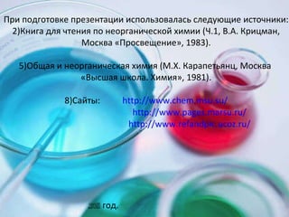 При подготовке презентации использовалась следующие источники: Книга для чтения по неорганической химии (Ч.1, В.А. Крицман, Москва «Просвещение», 1983). Общая и неорганическая химия (М.Х. Карапетьянц, Москва  «Высшая школа. Химия», 1981). Сайты:  http:// www.chem.msu.su / http:// www.pages.marsu.ru / http:// www.refandpic.ucoz.ru / 2011  год. 
