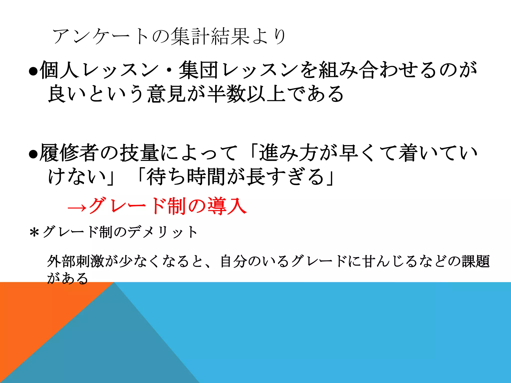 アンケートの集計結果より
●個人レッスン・集団レッスンを組み合わせるのが
 良いという意見が半数以上である

●履修者の技量によって「進み方が早くて着いてい
 けない」「待ち時間が長すぎる」
  →グレード制の導入
＊グレード制のデメリット

 外部刺激が尐なくなると、自分のいるグレードに甘んじるなどの課題
 がある
 