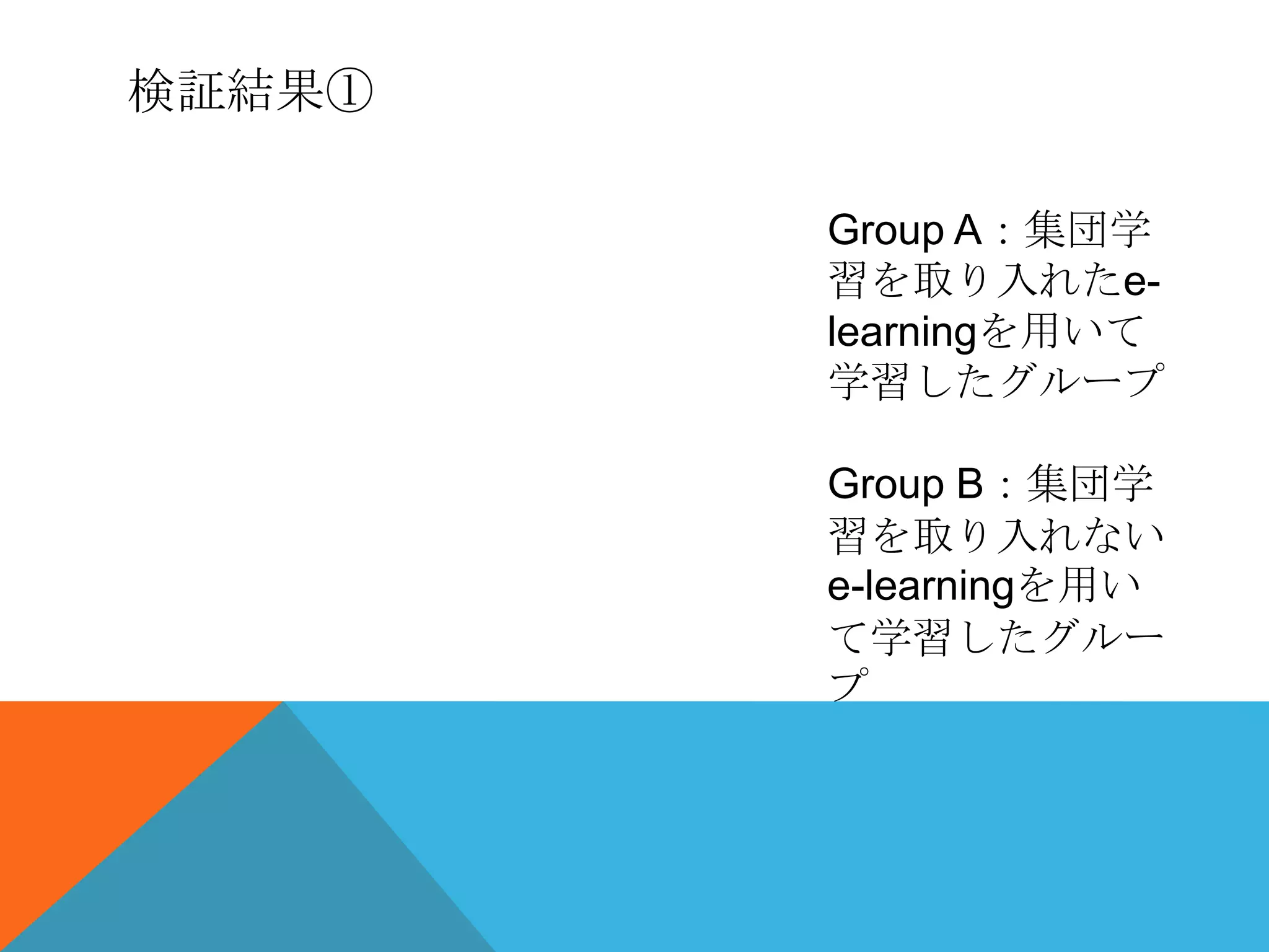 検証結果①

        Group A：集団学
        習を取り入れたe-
        learningを用いて
        学習したグループ

        Group B：集団学
        習を取り入れない
        e-learningを用い
        て学習したグルー
        プ
 