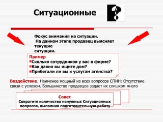 Ситуационные

          Фокус внимания на ситуации.
           На данном этапе продавец выясняет
          текущие
          ситуации.
        Пример
         Сколько сотрудников у вас в фирме?
         Как давно вы ищите дом?
         Прибегали ли вы к услугам агенства?

Воздействие. Наименее мощный из всех вопросов СПИН: Отсутствие
связи с успехом. Большинство продавцов задает их слишком много

                      Совет
   Сократите количество ненужных Ситуационных
    вопросов, выполнив подготовительную работу
 