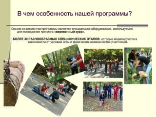 В чем особенность нашей программы?

Одним из элементов программы является специальное оборудование, используемое
   для проведения тренинга «веревочный курс».

БОЛЕЕ 30 РАЗНООБРАЗНЫХ СПЕЦИФИЧЕСКИХ ЭТАПОВ, которые моделируются в
        зависимости от условий игры и физических возможностей участников.
 