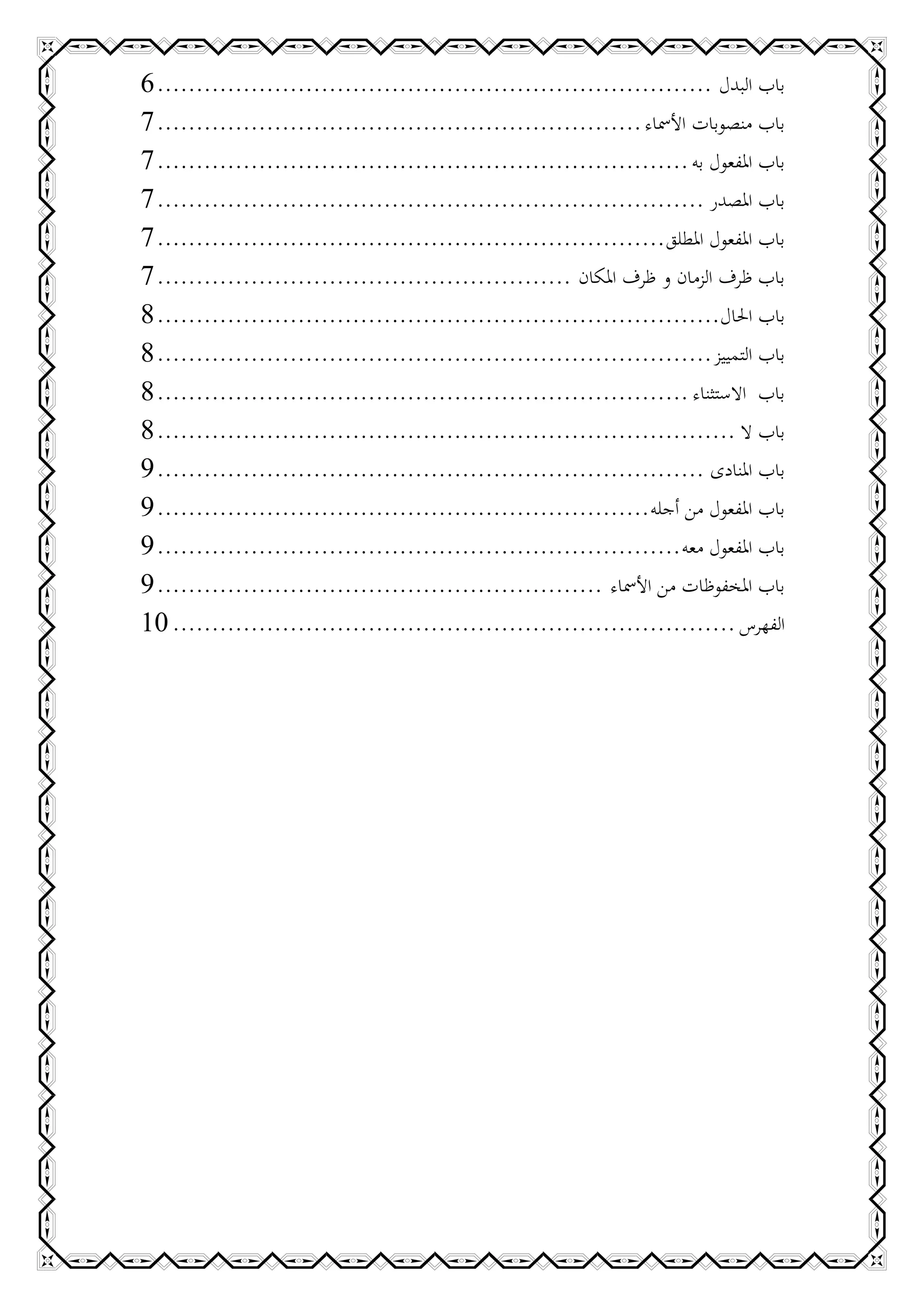 ‫باب البدل ....................................................................... 2‬
‫باب منصوبات األمساء .............................................................. 7‬
‫باب املفعول به .................................................................... 7‬
‫باب املصدر ...................................................................... 7‬
‫باب املفعول املطلق ................................................................. 7‬
‫باب ظرف الزمان و ظرف املكان ..................................................... 7‬
‫باب احلال........................................................................ 8‬
‫باب التمييز ....................................................................... 8‬
‫باب االستثناء .................................................................... 8‬
‫باب ال .......................................................................... 8‬
‫باب املنادى ...................................................................... 9‬
‫باب املفعول من أجله ............................................................... 9‬
‫باب املفعول معه ................................................................... 9‬
‫باب املخفوظات من األمساء ......................................................... 9‬
‫الفهرس ........................................................................ 13‬
 
