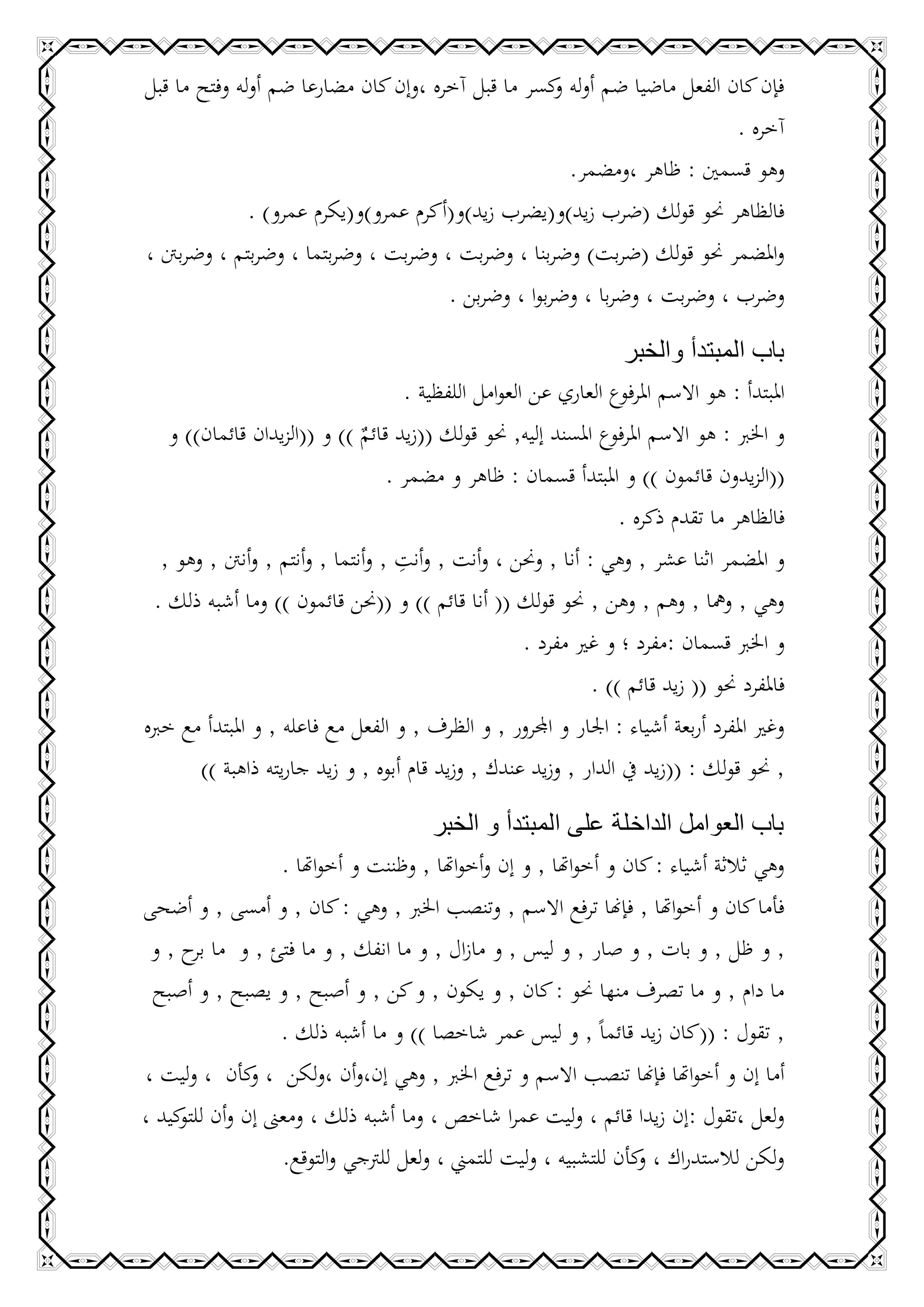 ‫فإن كان الفعل ماضيا ضم أوله كسر ما قبل آخره ،وإن كان مضارعا ضم أوله وفتح ما قبل‬
                                                    ‫و‬
                                                                         ‫آخره .‬
                                                      ‫وهو قسمني : ظاهر ،ومضمر.‬
              ‫فالظاهر حنو قولك (ضرب زيد)و(يضرب زيد)و(أكرم عمرو)و(يكرم عمرو) .‬
‫واملضمر حنو قولك (ضربت) وضربنا ، وضربت ، وضربت ، وضربتما ، وضربتم ، وضربنت ،‬
                                      ‫وضرب ، وضربت ، وضربا ، وضربوا ، وضربن .‬

                                                                     ‫باب المبتدأ والخبر‬
                                      ‫املبتدأ : هو االسم املرفوع العاري عن العوامل اللفظية .‬
    ‫و اخلرب : هو االسم املرفوع املسند إليه, حنو قولك ((زيد قائم )) و ((الزيدان قائمان)) و‬
                               ‫ٌ‬
                                   ‫((الزيدون قائمون )) و املبتدأ قسمان : ظاهر و مضمر .‬
                                                                    ‫فالظاهر ما تقدم ذكره .‬
                                     ‫ِ‬
   ‫و املضمر اثنا عشر , وهي : أنا , وحنن ، وأنت , وأنت , وأنتما , وأنتم , وأننت , وهو ,‬
  ‫وهي , ومها , وهم , وهن , حنو قولك (( أنا قائم )) و ((حنن قائمون )) وما أشبه ذلك .‬
                                                       ‫و اخلرب قسمان :مفرد ؛ و غري مفرد .‬
                                                                ‫فاملفرد حنو (( زيد قائم )) .‬
‫وغري املفرد أربعة أشياء : اجلار و اجملرور , و الظرف , و الفعل مع فاعله , و املبتدأ مع خربه‬
        ‫, حنو قولك : ((زيد يف الدار , وزيد عندك , وزيد قام أبوه , و زيد جاريته ذاهبة ))‬

                                   ‫باب العوامل الداخلة على المبتدأ و الخبر‬
               ‫وهي ثالثة أشياء : كان و أخواهتا , و إن وأخواهتا , وظننت و أخواهتا .‬
‫فأما كان و أخواهتا , فإهنا ترفع االسم , وتنصب اخلرب , وهي : كان , و أمسى , و أضحى‬
 ‫, و ظل , و بات , و صار , و ليس , و مازال , و ما انفك , و ما فتئ , و ما ح , و‬
      ‫بر‬
 ‫ما دام , و ما تصرف منها حنو : كان , و يكون , و كن , و أصبح , و يصبح , و أصبح‬
               ‫, تقول : ((كان زيد قائماً , و ليس عمر شاخصا )) و ما أشبه ذلك .‬
‫أما إن و أخواهتا فإهنا تنصب االسم و ترفع اخلرب , وهي إن،وأن ،ولكن ، كأن ، وليت ،‬
            ‫و‬
‫ولعل ،تقول :إن زيدا قائم ، وليت عمرا شاخص ، وما أشبه ذلك ، ومعىن إن وأن كيد ،‬
    ‫للتو‬
               ‫ولكن لالستدراك ، كأن للتشبيه ، وليت للتمين ، ولعل للرتجي والتوقع.‬
                                                              ‫و‬
 