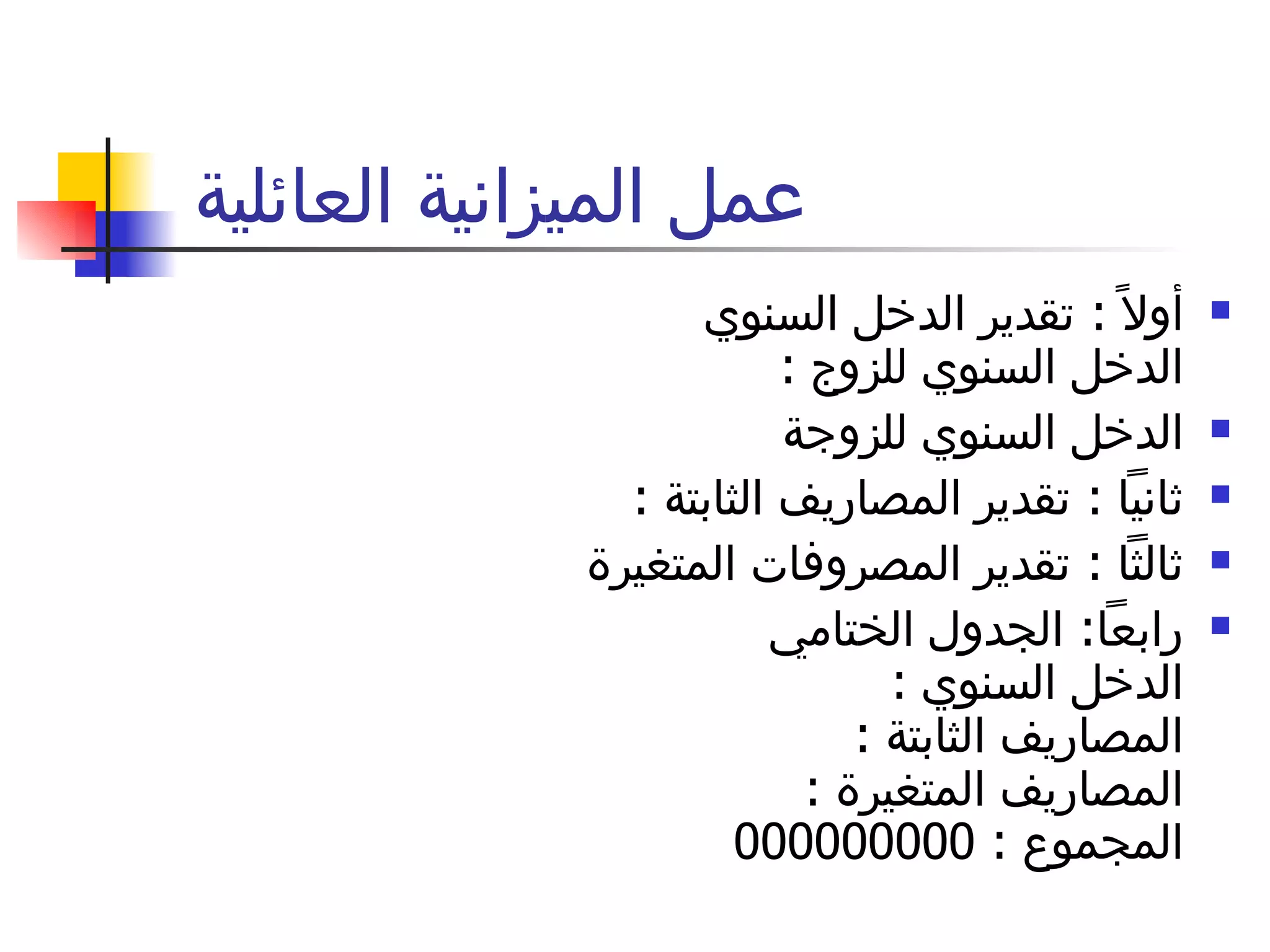 عمل الميزانية العائلية  أولاً  :  تقدير الدخل السنوي  الدخل السنوي للزوج  :  الدخل السنوي للزوجة  ثانياً  :  تقدير المصاريف الثابتة  : ثالثاً  :  تقدير المصروفات المتغيرة رابعاً :  الجدول الختامي  الدخل السنوي  :  المصاريف الثابتة  :  المصاريف المتغيرة  :  المجموع  : 000000000  