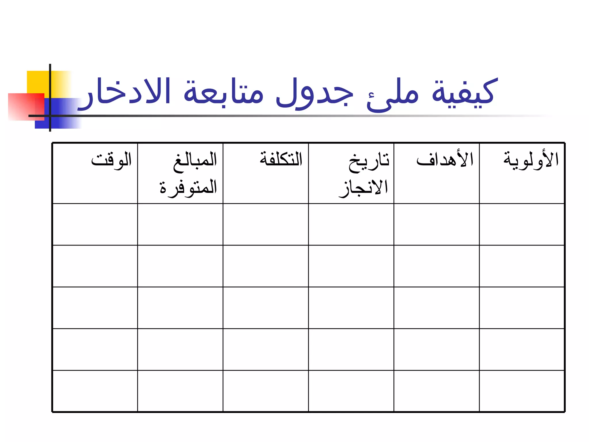كيفية ملئ جدول متابعة الادخار الأولوية الأهداف تاريخ الانجاز التكلفة المبالغ المتوفرة الوقت 