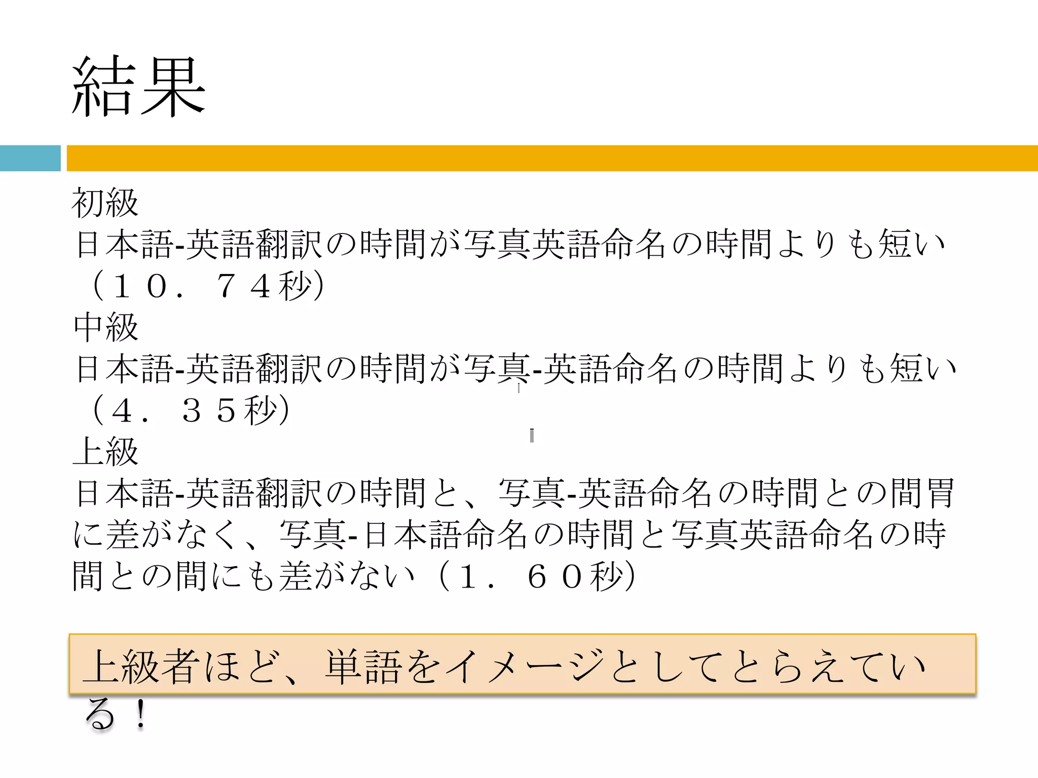 結果
初級
日本語‐英語翻訳の時間が写真英語命名の時間よりも短い
（１０．７４秒）
中級
日本語‐英語翻訳の時間が写真‐英語命名の時間よりも短い
（４．３５秒）
上級
日本語‐英語翻訳の時間と、写真‐英語命名の時間との間胃
に差がなく、写真‐日本語命名の時間と写真英語命名の時
間との間にも差がない（１．６０秒）

上級者ほど、単語をイメージとしてとらえてい
る！
 
