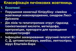 Класифікація печінкових жовтяниць Екзогенні: Порушення конюгації білірубіну: сімейна жовтяниця новонароджених, синдром Люсі-Дріскола Дія ліків та гепатотропних отрут: гідразид ізонікотинової кислоти, метилдофа, еритроміцин, препарати для проведення холецистографії Інфекційні захворювання: вірусний гепатит В, С, Д, цитомегаловірус, амебіаз, лептоспіроз, вірус Епштейн-Бара 