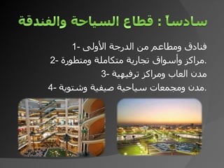 1-  فنادق ومطاعم من الدرجة الأولى 2-  مراكز وأسواق تجارية متكاملة ومتطورة . 3-  مدن العاب ومراكز ترفيهية 4-  مدن ومجمعات سياحية صيفية وشتوية . 