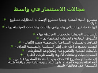-  مشاريع البنية التحتية ومنها مشاريع الإسكان  , المطارات , مشاريع الري  . -  الزراعة بشقيها النباتي والحيواني والغابات والخدمات المرتبطة بها  . -  الصناعات التحويلية والخدمات المرتبطة بها . -  الأسواق التجارية والخدمات المرتبطة بها -  الفنادق والمشاريع السياحية والترفيهية ومدن الألعاب -  التعليم بجميع مراحله في إطار السياسة والتعليمية للعراق -  الأبحاث العلمية والتكنولوجية وتكنولوجيا المعلومات . -  المستشفيات وصناعات الأدوية والمستلزمات الطبية -  إي نشاط أو مشروع اقتصادي يعود بالمنفعة المشروعة على المحافظة بصورة خاصة أو على البلد بصورة عامة بعد موافقة هيئة الاستثمار في محافظة واسط 