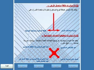 (1-2)  مؤشرات كثافة استعمال الأرض  :-  يعتمد هذا المؤشر إضافة لنوع المساكن  (  منفردة أو متعددة الأسر  ) ، على موازنة استعمالات الأرض الكثافة السكانية والإسكانية الإجمالية  (1-3)  مؤشرات تخطيطية للخدمات الاجتماعية  :- يعتمد هذا المؤشر (  بالنسبة  لنوع أبنية الخدمات العامة  \  حضانة ، روضة ، مدرسة ابتدائية  ........ الخ )  على  :- عدد الأشخاص المخدومين العدد الكلي للسكان , وعدد الأطفال المخدومين المعدل الكلي لمساحة الأراضي الحد الأعلى لمسافة الوصول من منطقة السكن إلى أبنية الخدمات العامة جدول  (2)  جدول  (3)  جدول  (1)  العودة  جدول  (4)  