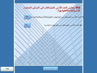 (3-2)   معايير الحد الأدنى للمسافات في السكن المتعدد الأسر ( لغاية  4 طوابق ) : 1-  الحد الأدنى للمسافة بين الواجهات الطولية ( الأمامية ) أو  ( المدخل ) 2-  الحد الأدنى للمسافة بين الواجهات الجانبية 12 م 6  م لاحظ الشكل  (4) العودة  