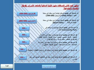 1-  المسافة التي يقطعها الساكن  ( مشياً  )  من سكنه إلى ساحة اللعب  (  Play Field )  تتراوح بين  (200-300 م ) 2-  المسافة التي يقطعها الساكن  ( مشياً  )  من سكنه إلى ساحة  الألعاب الرياضة  (  Sport Field ) 4-  المسافة التي يقطعها الساكن  ( مشياً )  من سكنه إلى  (  الإدارة ، المحلية ، المركز الصحي، الجامع ، مركز الشباب ، المركز الثقافي ، الكازينو أو المطعم ، مكتب البريد ، مركز الشرطة  ) 5-  المسافة التي يقطعها الساكن  (  مشياً  )  من سكنه إلى  (  المدرسة الابتدائية ، المدرسة المتوسطة ، السوق المحلية ،المقهى  ) 6-  المسافة التي يقطعها الساكن  ( مشياً  )  من مسكنه إلى  (  روضة الأطفال ، الحضانة  ) 7-  المسافة التي يقطعها الساكن  ( مشياً  )  من سكنه إلى الدكاكين الصغيرة في ركن الشارع (3-4)  معايير الحد الأدنى للمسافات مابين الأبنية السكنية  ( المتعدد الأسر )  و الخدمات الاجتماعية  3-  المساحة التي يقطعها الساكن  ( مشياً )  من مسكنه إلى  المتنزه  Community Park  تتراوح بين  (200-300 م ) تتراوح بين  (500-800 م )  800  م 500  م 300  م 200  م لاحظ الشكل  (6) 800  م العودة  