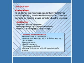 -Communities : To be defined the incomings standards in Paul Service study for planning the General housing in Iraq, The three elements for housing groups considered as the following: Determinant: Neighborhood : Household Average (6 person). Dwelling Average (2400-3600 inhabitances) Number of dwellings (400-600 dwellings) *-Community social infrastructure a-Primary school 18 classroom no .1   b-Intermediate/Secondary school 9-12 classrooms no .2 c-Local Market  d-Mosque (church)  e-Health-care center  f-Administration building  g-Nursery/Kindergarten (with job opportunities for woman)   